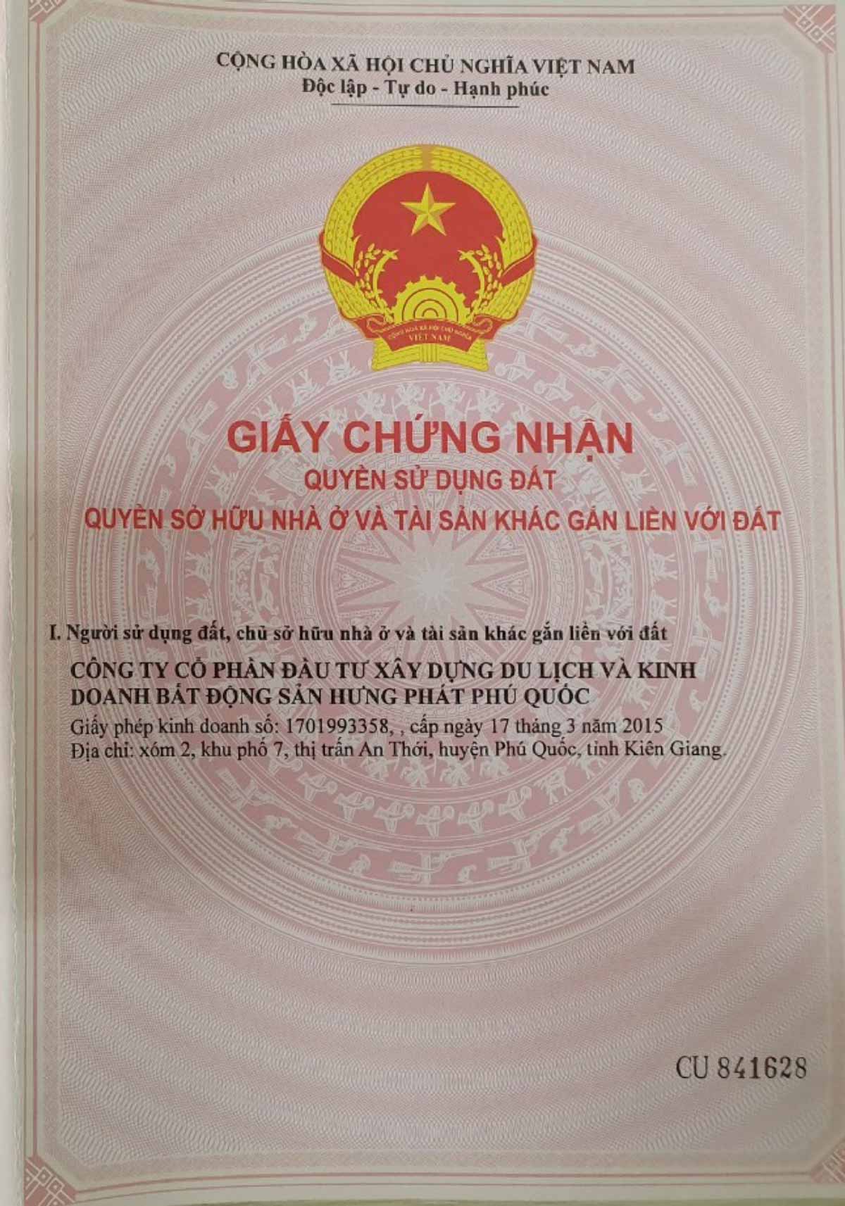 Trang bìa giấy chứng nhận quyền sử dụng đất dự án Meyhomes Capital Phú Quốc