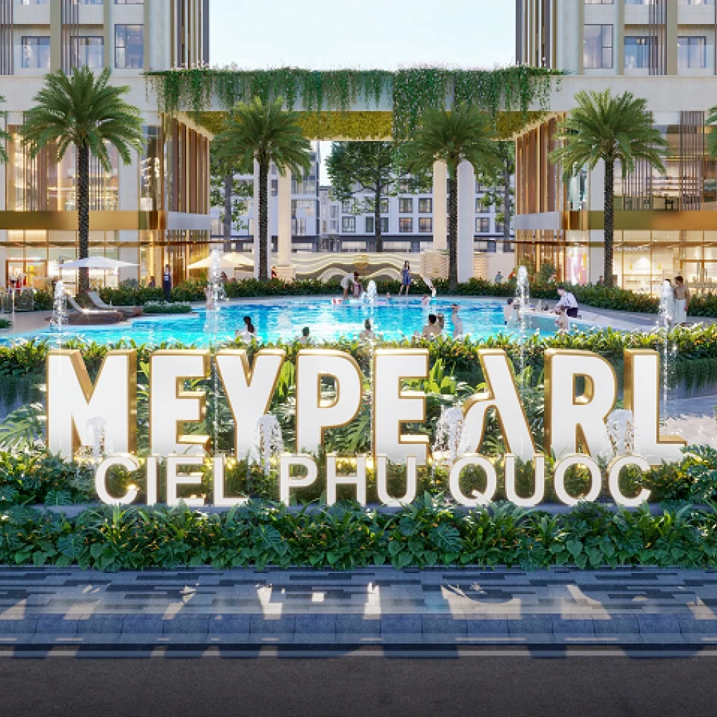 Phối cảnh bể bơi và tháp căn hộ MeyPearl Ciel